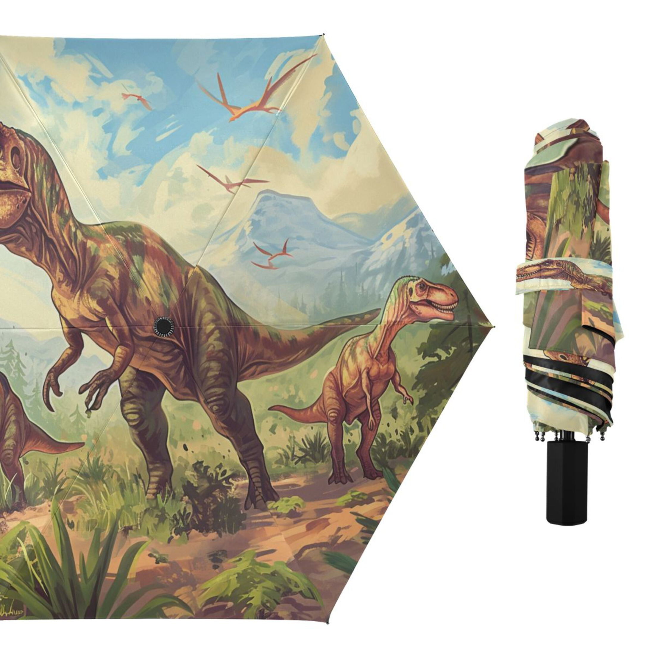 Tyrannosaurus and Pterodactyls in Jungle Compact Sun Umbrella Windproof Travel Umbrellas for Rain Strong Portable UV Protection