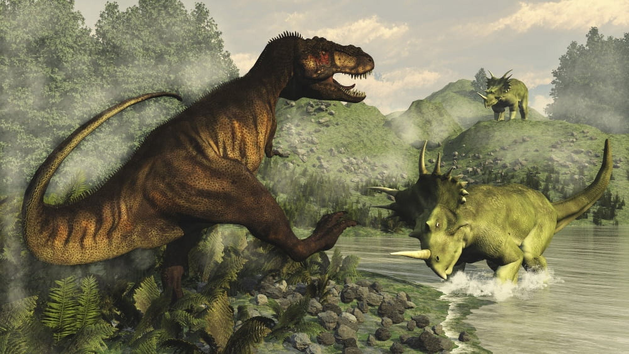 Tyrannosaurus rex fighting against Styracosaurus dinosaurs Canvas Art - Elena DuvernayStocktrek Images (37 x 21)