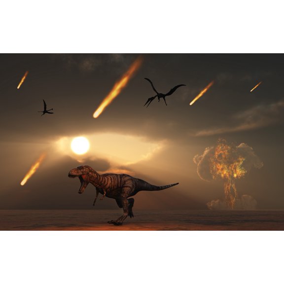 Tyrannosaurus rex tries to escape a giant asteroid impact Canvas Art - Mark StevensonStocktrek Images (18 x 12)