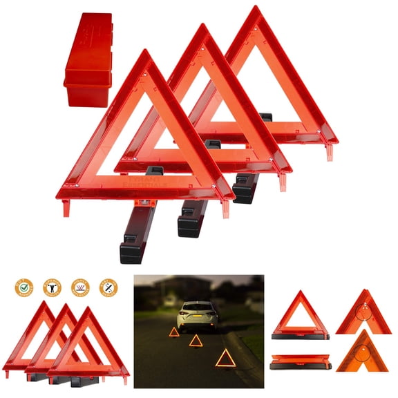 Tyrant Essentials Emergency Warning Triangles - Roadside Safety Reflective Gear for Cars Trucks RVs - 3 Pack Red Orange Collapsible