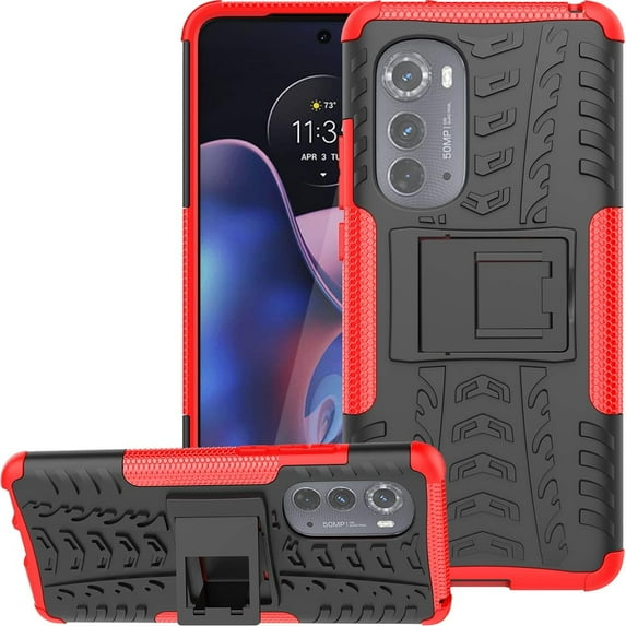 Tyre Pattern Design Case for Motorola Edge 2022 (Not 2021) with Kickstand, Heavy Duty Shockproof TPU+PC Material Double Layer Protection Phone Case for Motorola Edge 2022 XC Red