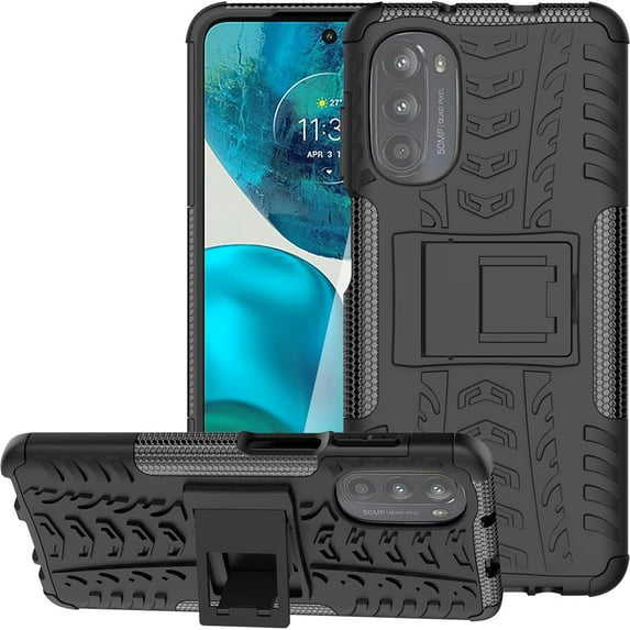 Tyre Pattern Design Case for Motorola Moto G52/G82 with Kickstand, Heavy Duty Shockproof TPU+PC Material Double Layer Protection Phone Case for Motorola Moto G82/G52 XC Black