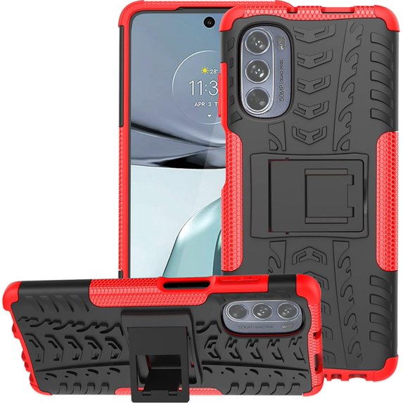Tyre Pattern Design Case for Motorola Moto G62 with Kickstand, Heavy Duty Shockproof TPU+PC Material Double Layer Protection Phone Case for Motorola Moto G62 5G XC Red