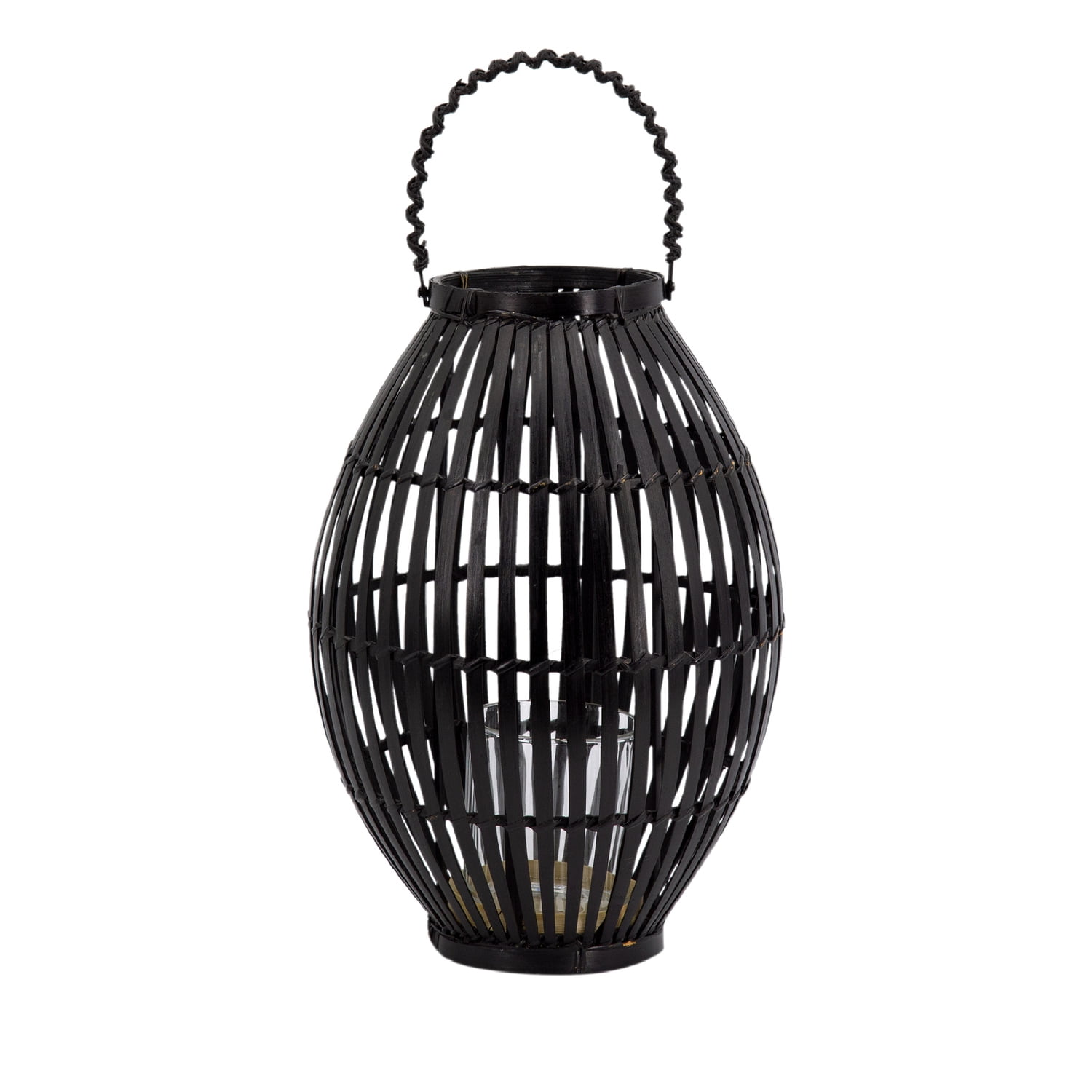 Black Bamboo Hanging Candle Lantern with Glass Hurricane