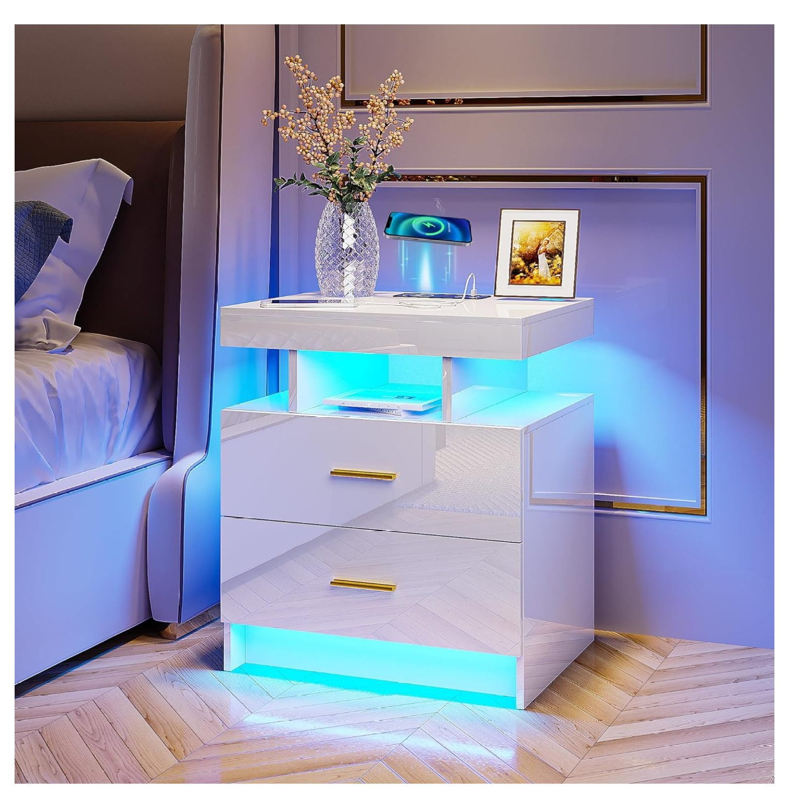 White High Gloss LED Nightstand with Wireless Charging and 3 Drawers