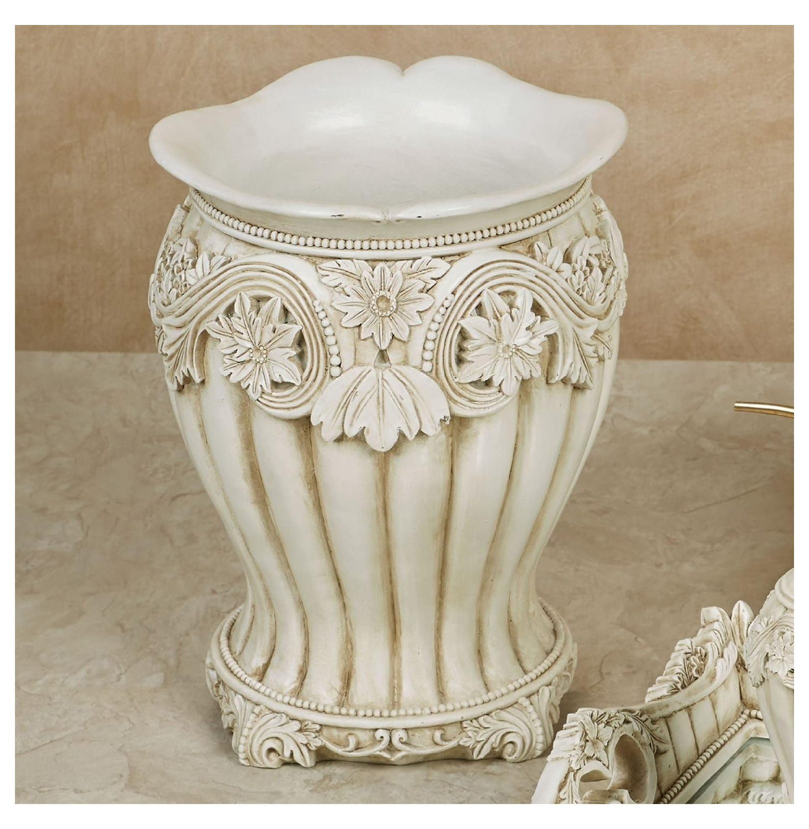 Tyslan Flowering Medallion Wastebasket Resin Antique Ivory