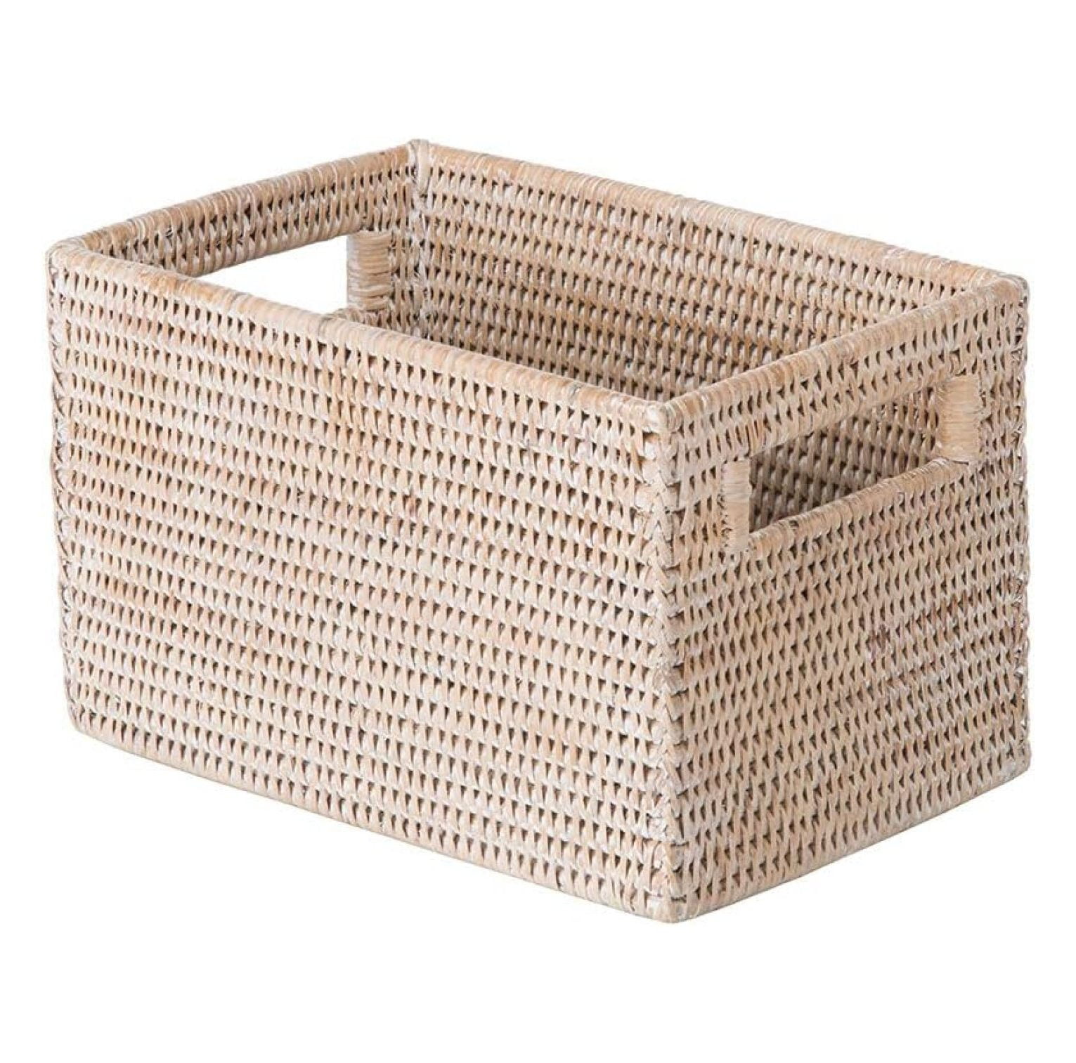 Small White Wash Rectangular Rattan Storage Basket