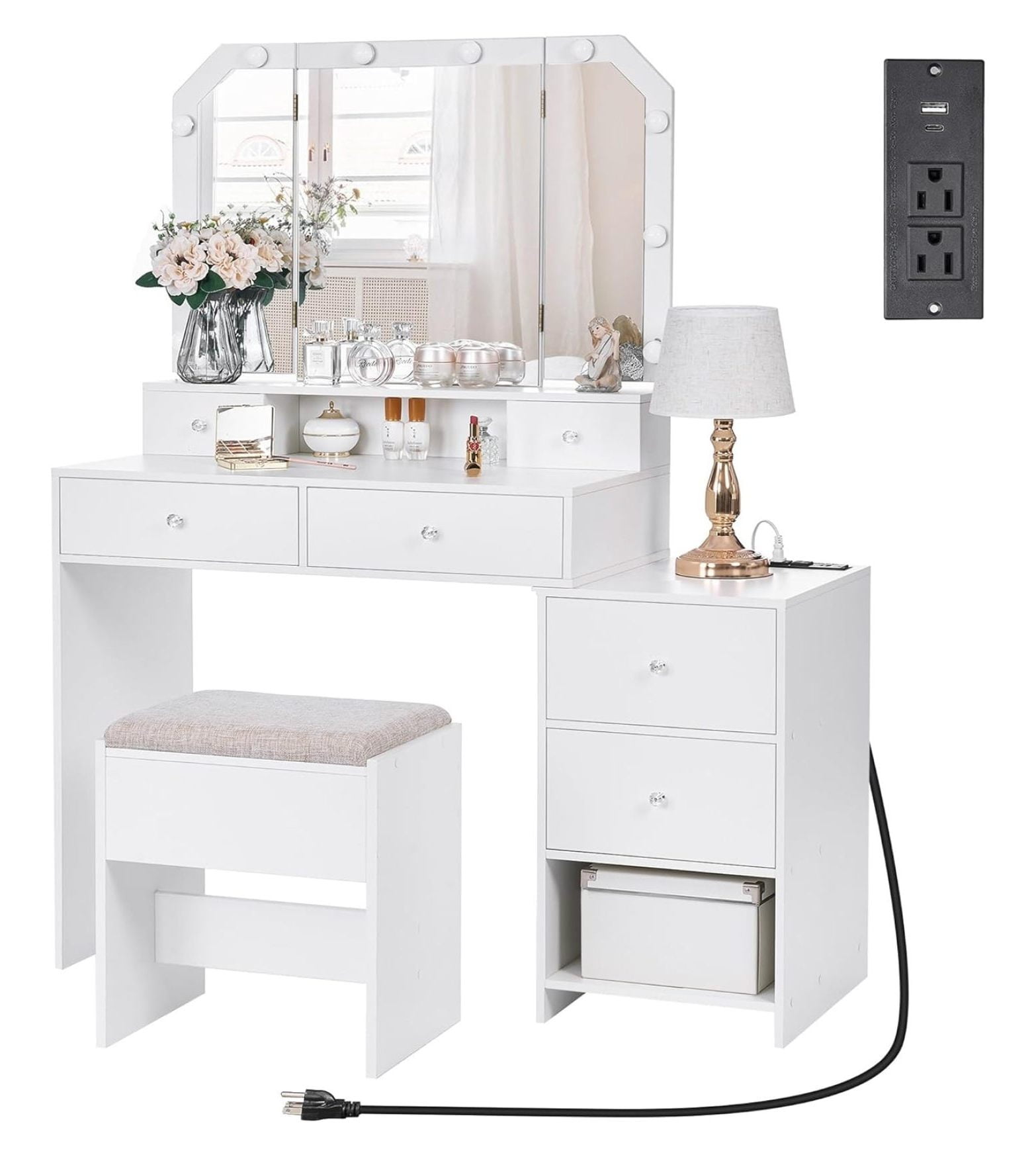 Tyslan Vanity Desk, White Vanity with Charging Station & Nightstand