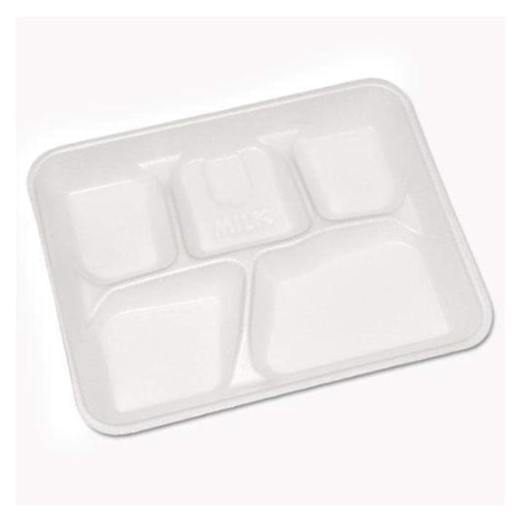 Tyslane PCTYTH10500SGBX Lightweight Foam School Trays, White, 5-compartment, 8 1/4 X 10 1/2, 500/carton