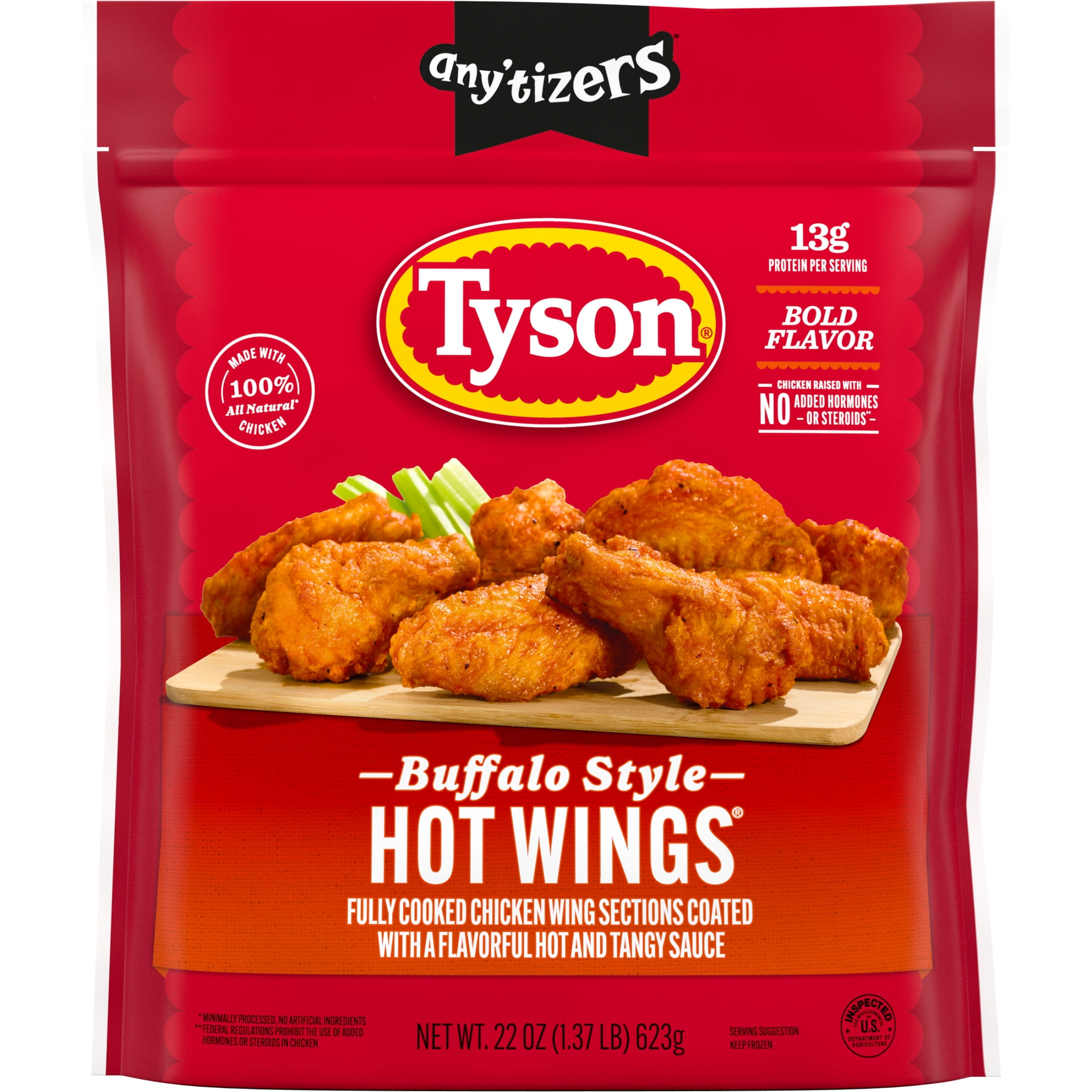 Tyson Any'tizers Fully Cooked Buffalo Style Hot Wings Bone-In, 1.37 lb Bag (Frozen)