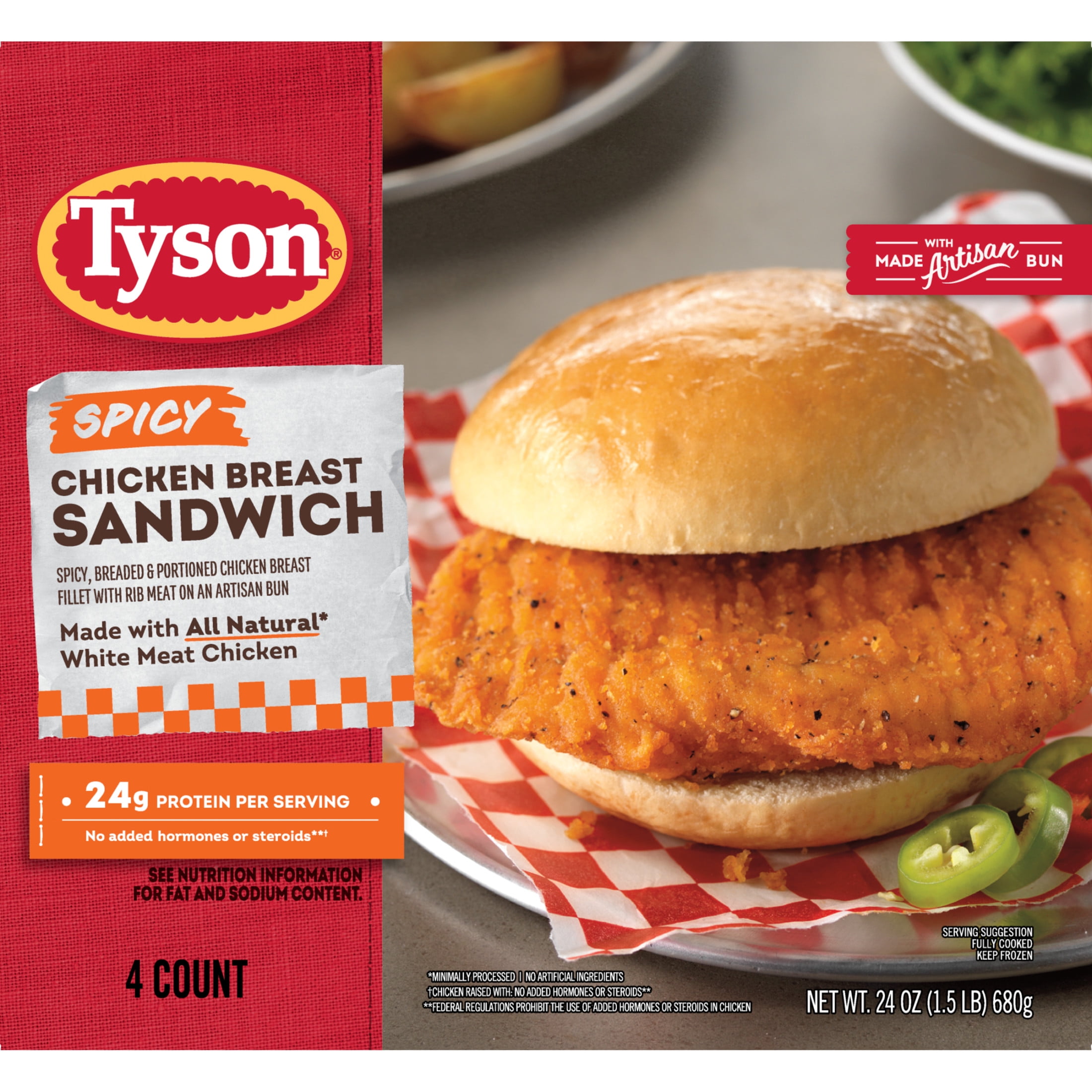 Tyson Spicy Chicken Breast Sandwich, Frozen Appetizers, 4 Count,24oz, Cardboard Box