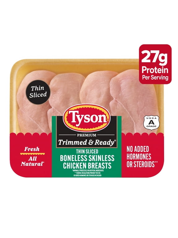 Tyson Trimmed & Ready All Natural, Fresh, Thin Sliced Boneless Skinless Chicken Breasts, 0.6 - 2.0 lb Tray