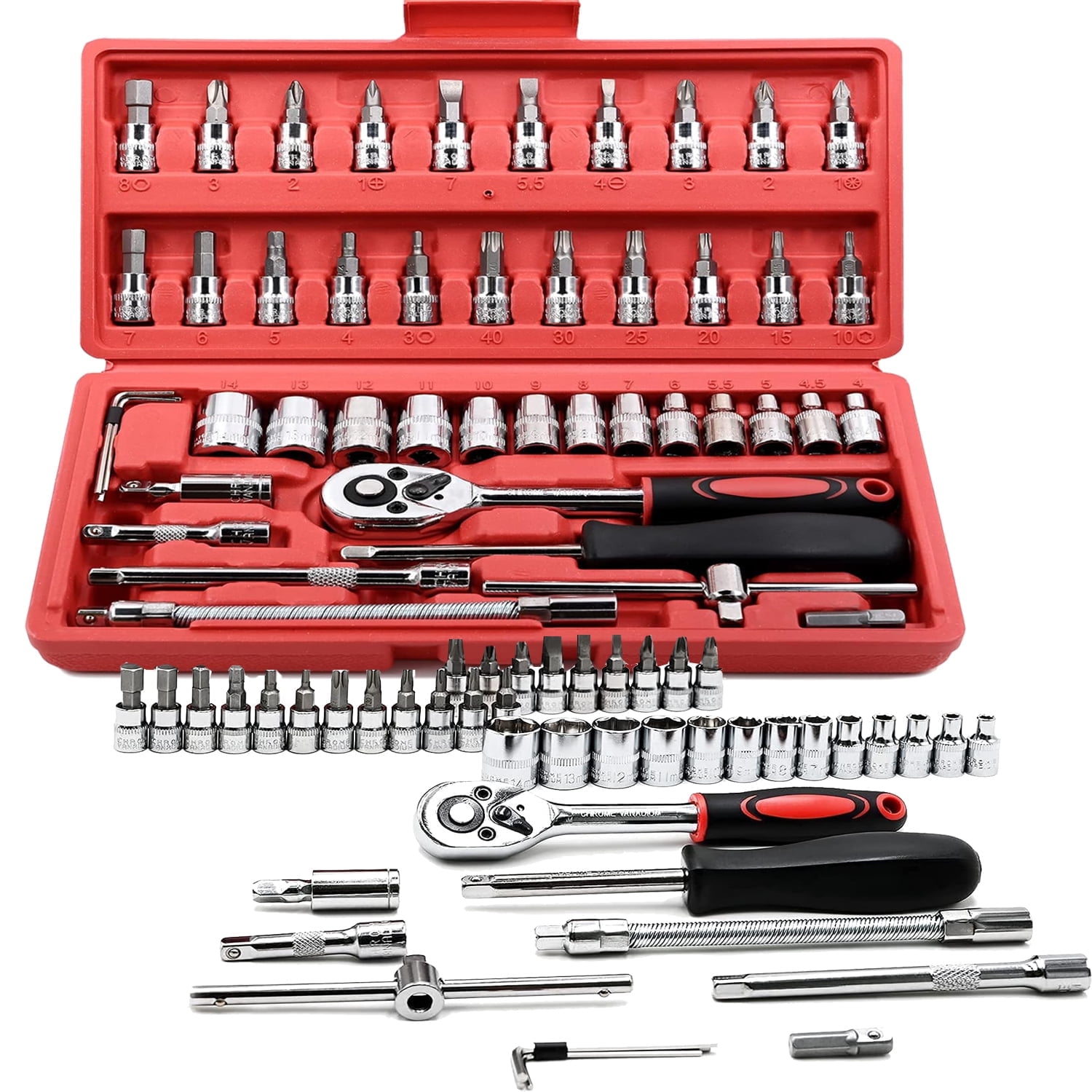Tysonir 1356888, 1/4" Cromatic Finish Drive Ratchet Socket Wrench & Set, 46 Pieces