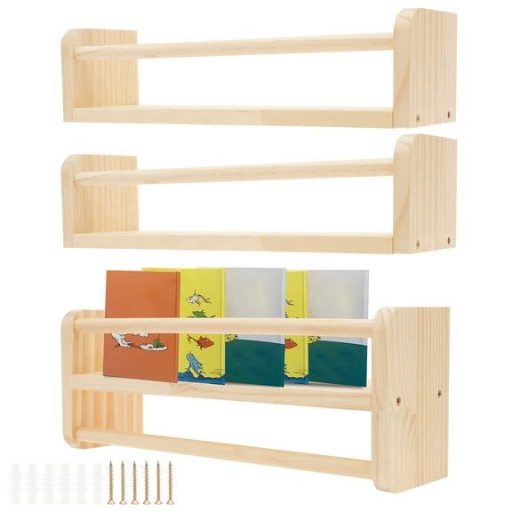 Tysrjsv 3Pcs Wood Nursery Book Shelf Wall Mounted Floating Book Shelf Good Load Bearing Capacity Floating Storage Rack for Bathroom
