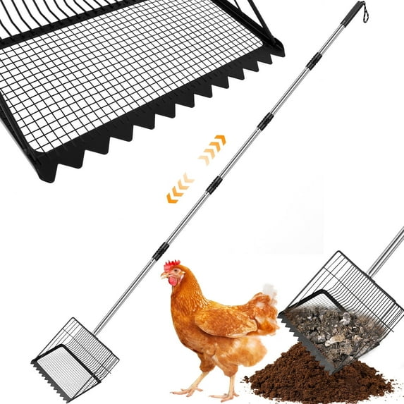 Threns Chicken Poop Scooper with Adjustable Handle Stainless Steel Chicken Litter Scooper Rake with Sifting Hole Sifting Shovel Cleaning Tool for Cat Sheep Poop