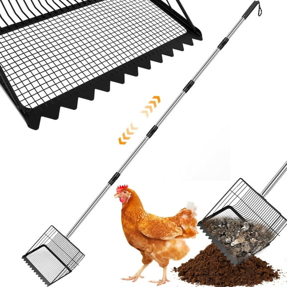Threns Chicken Poop Scooper with Adjustable Handle Stainless Steel Chicken Litter Scooper Rake with Sifting Hole Sifting Shovel Cleaning Tool for Cat Sheep Poop