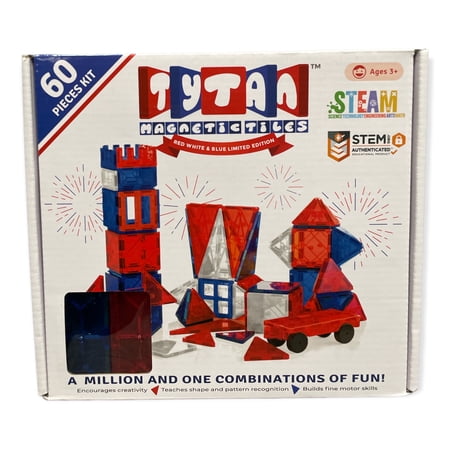 Tytan Tiles Magnetic Toy Tiles, 60 Pieces, Red White & Blue, STEM Certified | Ages Children to Adult 3+