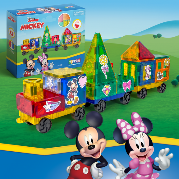 Official Disney Junior Mickey Mouse Train Magnetic Tile Set 41-Piece STEAM Toy Featuring Wheeled Bases, Reusable Disney Stickers & Instruction Manual