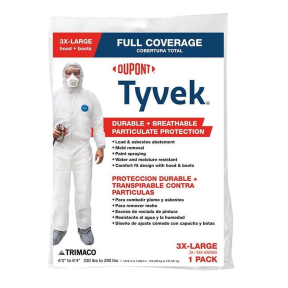 Tyvek 1019736 Du Pont Tyvek Unisex Polyethylene Full Coverage Hooded Coverall with Boot, White - 3XL