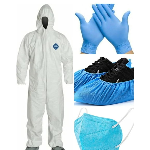 Tyvek DuPont Combo Pack Medium Disposable Coverall Elastic Wrist, Ankles, Bootie, Gloves, Mask