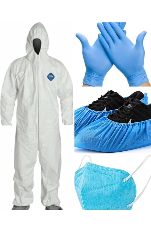 Tyvek DuPont Combo Pack Medium Disposable Coverall Elastic Wrist, Ankles, Bootie, Gloves, Mask