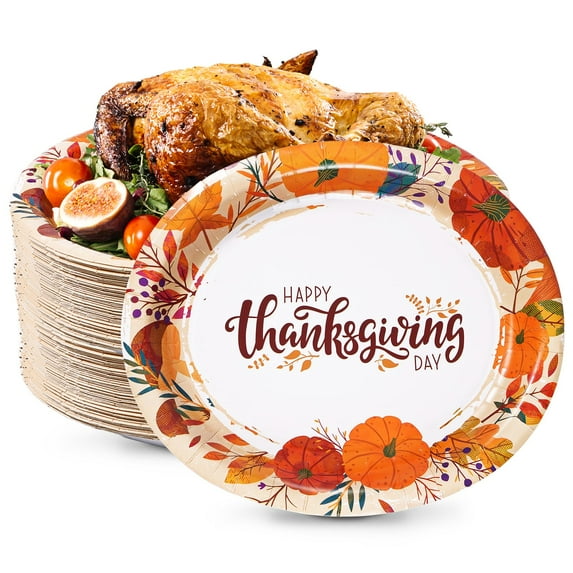 Tyzarglef 50 Count Thanksgiving Oval Paper AFN1Plates, 10" x 12.5" Large Disposable Dinner Serving Party Platters Heavy Duty, Autumn Fall Harvest Party Supply Thanksgiving Decor