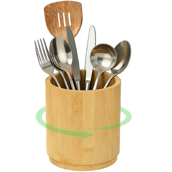 Tzdxfgl 360° Rotating Bamboo Kitchen Utensil Holder, 6.5'' Large Countertop Silverware Organizer, Natural