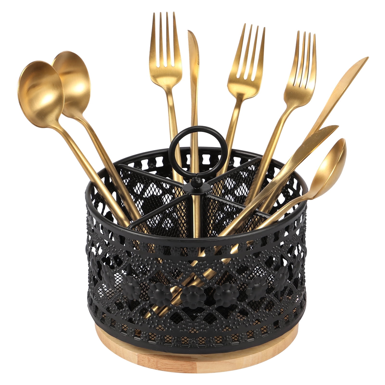 Tzdxfgl 360° Rotating Metal Utensil Holder for Countertop, 4 Compartment Silverware Organizer, Black