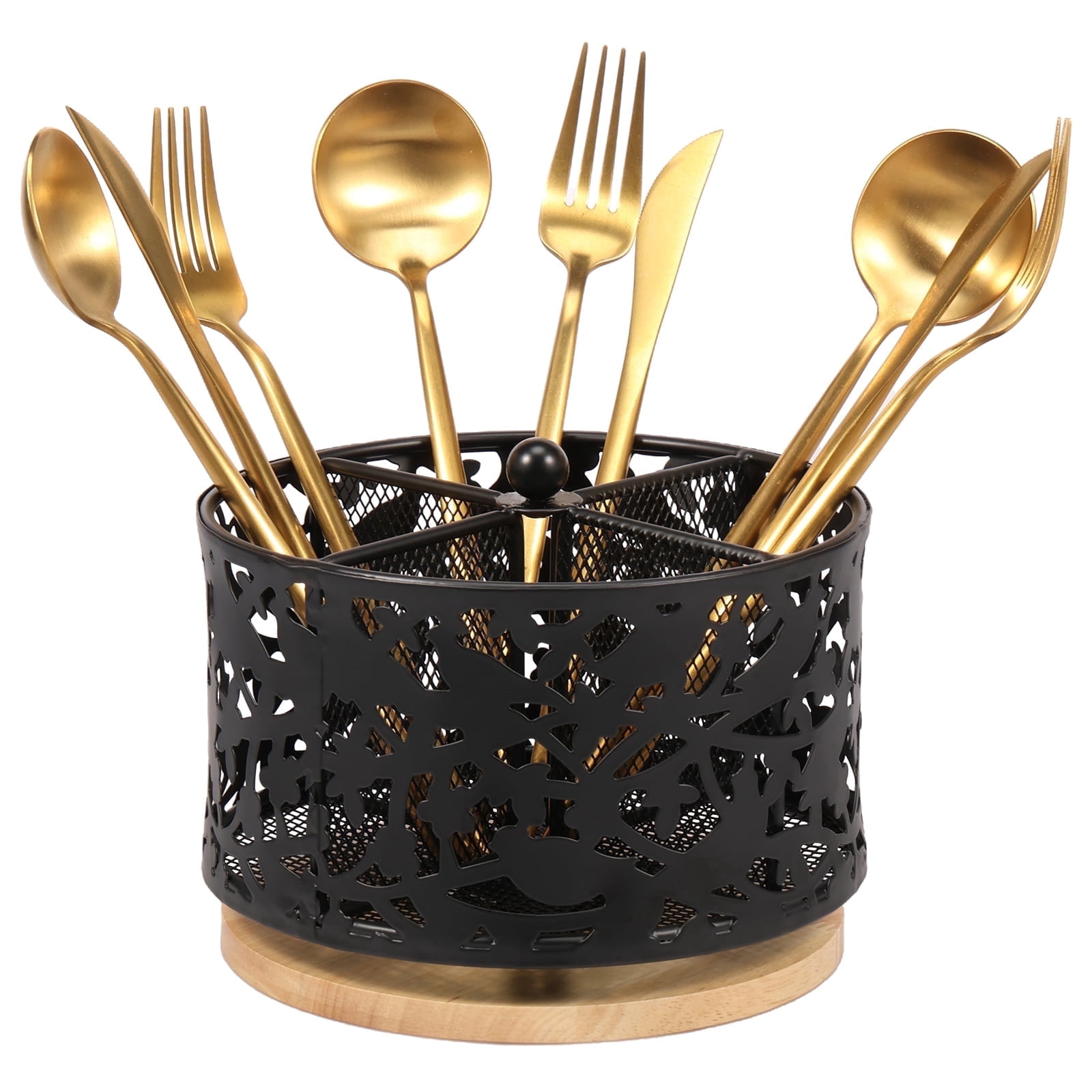 Tzdxfgl 360 Rotating Silverware Organizer & Utensil Holder for Countertop, 4 Compartment Metal Caddy, Kitchen Silverware Organizer with Wooden Base, Black