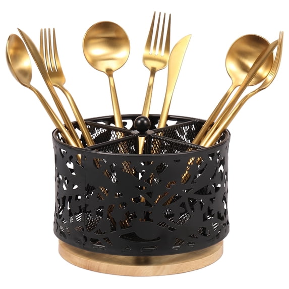 Tzdxfgl 360 Rotating Silverware Organizer & Utensil Holder for Countertop, 4 Compartment Metal Caddy, Kitchen Silverware Organizer with Wooden Base, Black
