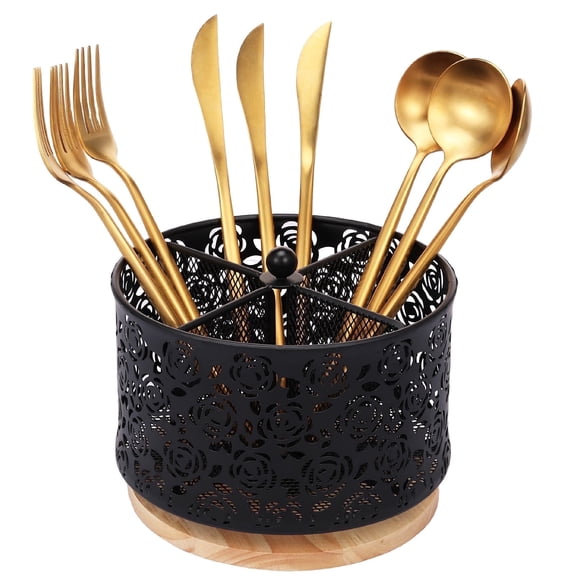 Tzdxfgl 360° Rotating Metal Utensil Holder for Countertop, 4 Compartment Silverware Caddy Organizer, Utensil Cutlery Holder, Fork Spoon Napkin Organizer, Flatware Storage Basket