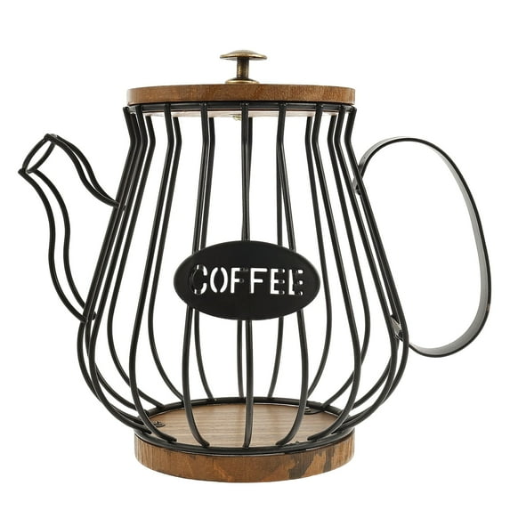 Tzdxfgl Coffee Pod Holders Basket with Wood Lid, Large Capacity K Cup Holder for Counter, Black Pot