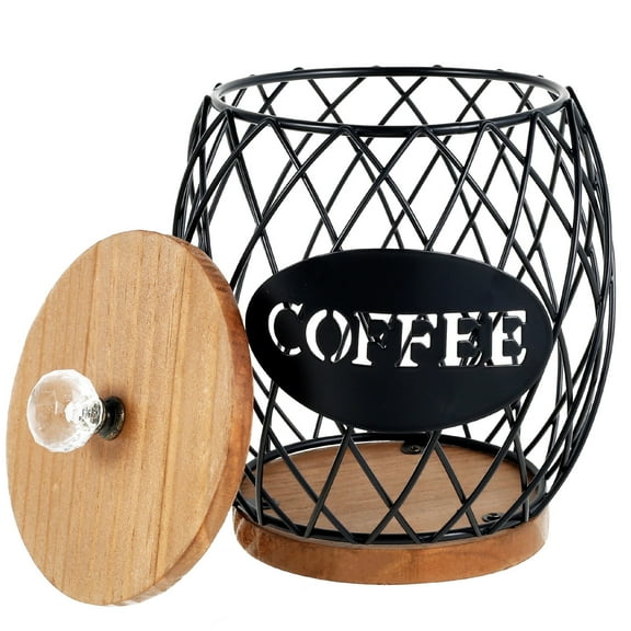 Tzdxfgl Coffee Pod Holders Basket with Wood Lid, Large Capacity K Cup Holders for Counter, Black