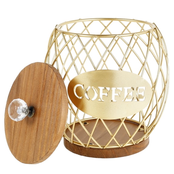 Tzdxfgl Coffee Pod Holders Basket with Wooden Lid, Large Capacity Coffee K Cup Holders for Counter, Gold