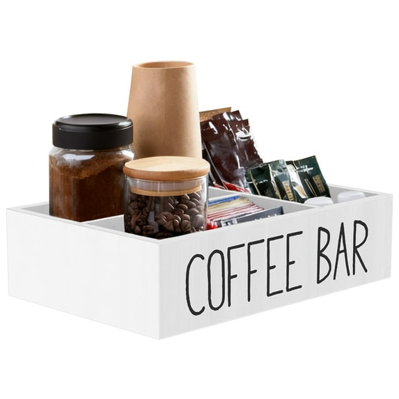 Tzdxfgl Coffee Station Organizer, Wood Countertop Coffee Bar Organizer Tray Pods Holder with Removable Dividers, White