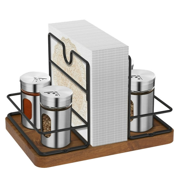 Tzdxfgl Rotating Metal Napkin Holder with Salt and Pepper Shakers Caddy for Kitchen Table, Natural