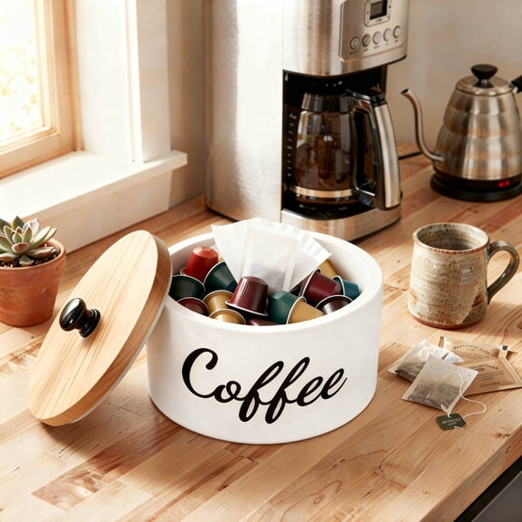 Tzdxfgl Wood Coffee Filter Holder with Lid for Counter, Large Coffee Pod Storage Container Coffee Bar Decor, White