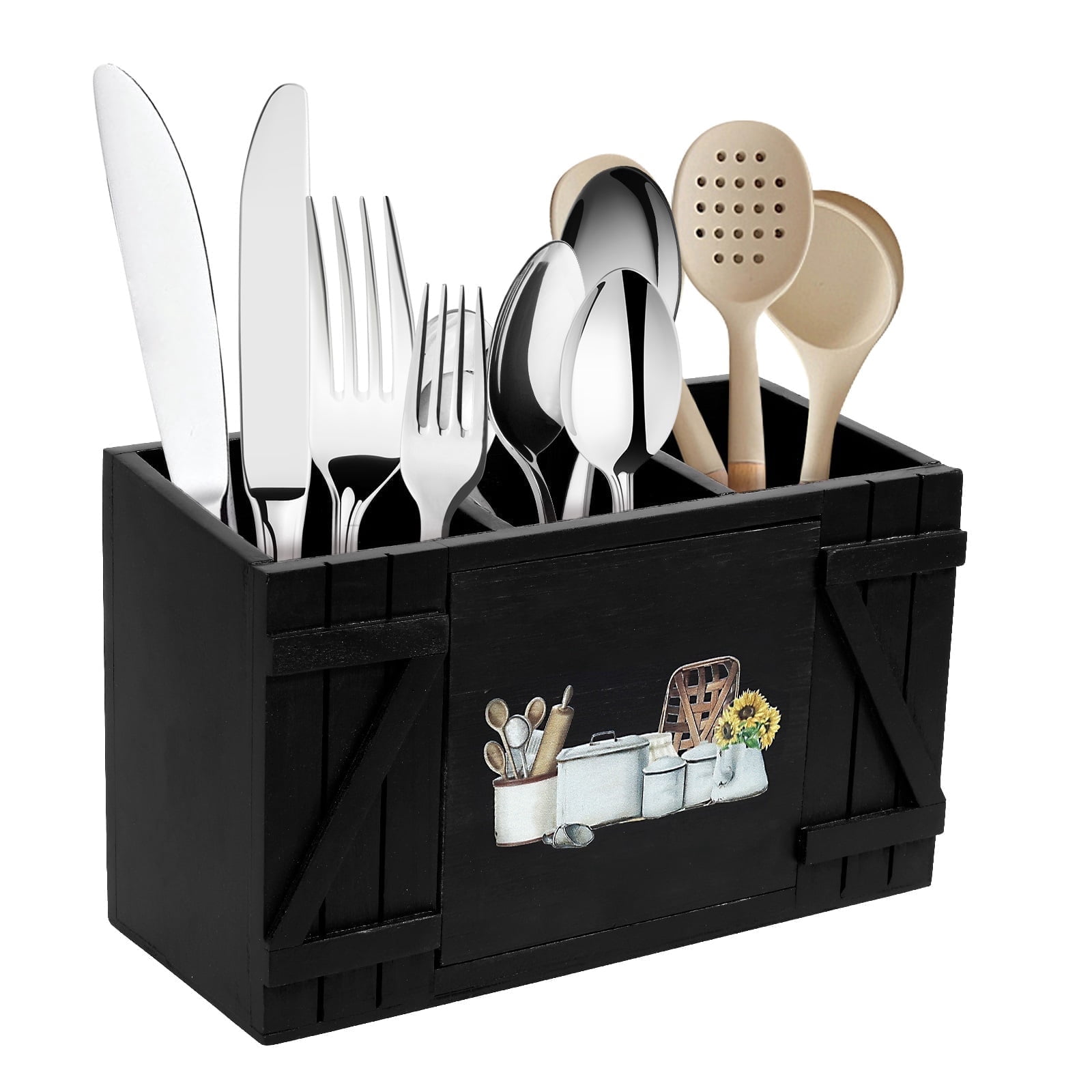 Tzdxfgl Wood Kitchen Utensil Holder for Countertop, Silverware Organizer with 3 Compartments, Large, Black Sunflower