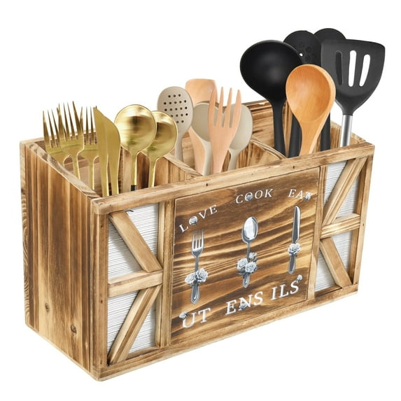 Tzdxfgl Wood Kitchen Utensil Holder for Countertop, Silverware Organizer with 3 Compartments, Large, Brown