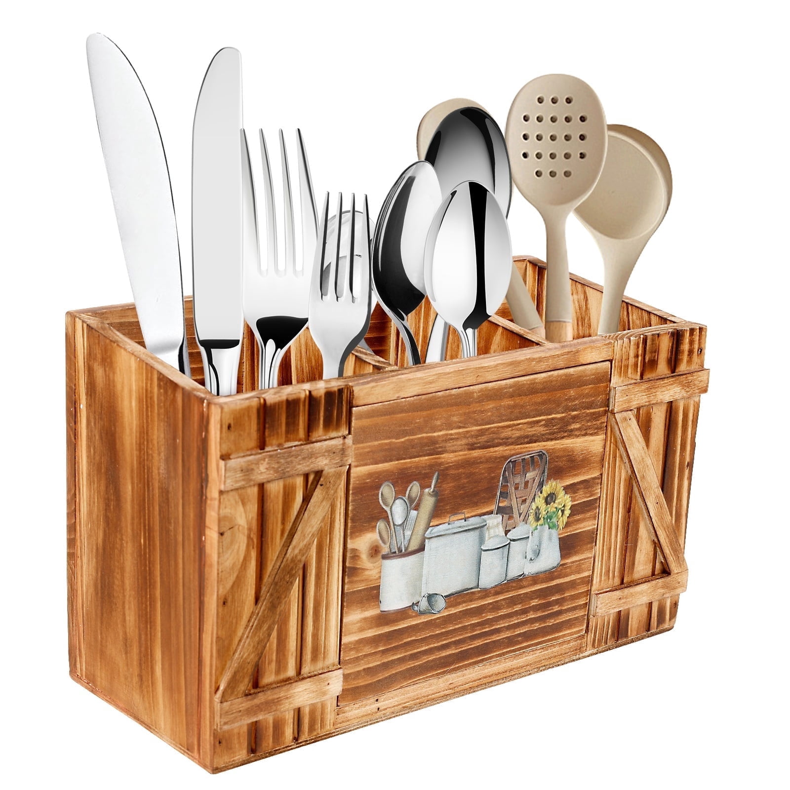 Tzdxfgl Wood Kitchen Utensil Holder for Countertop, Silverware Organizer with 3 Compartments, Large, Brown Sunflower