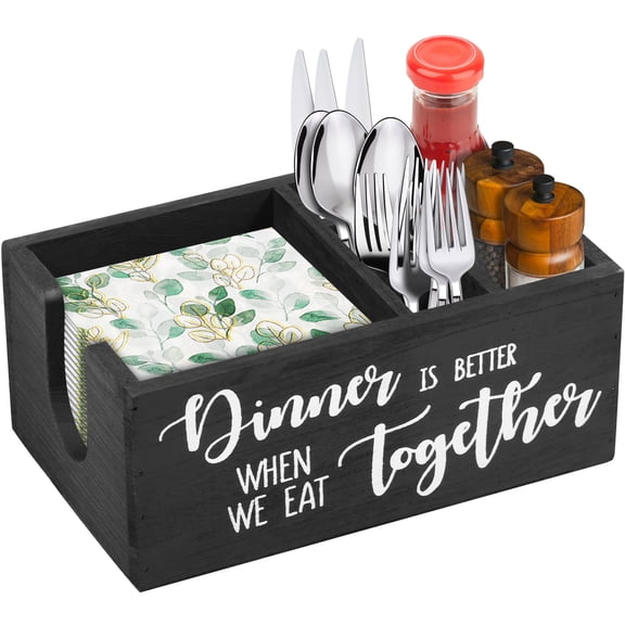 Paper Plate Holder and Utensil Caddy for Party, 5 Compartment Wooden Silverware Organizer, for Plate, Cup, Fork, Spoon, Cutlery Holder for Kitchen Camping Buffet