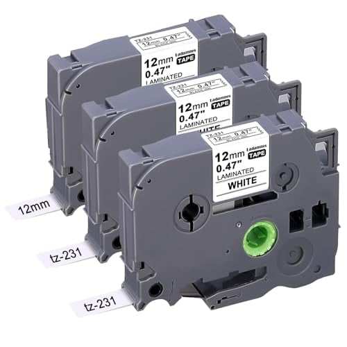 Tze-231 Label Tape Replacement for Brother P-Touch Tze Label Tape Tze231 Tz-231 12mm 0.47" Laminated Black on White Tape,Compatible with Brother PT-D210 H110 D220 D400 D410 D600,3-Pack