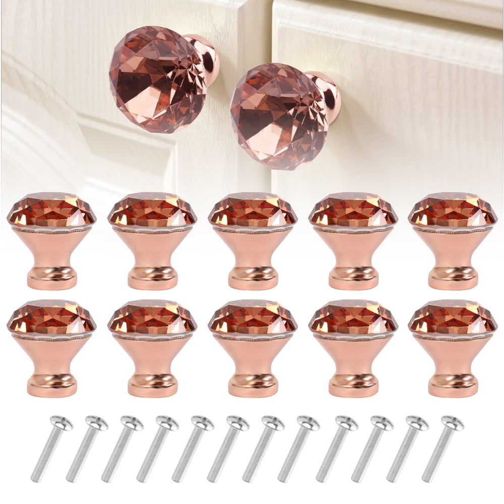 Tzgsonp 10 Pack Crystal Glass Knobs, Rose Gold Diamond Shape Glass Knob and Pull Handle