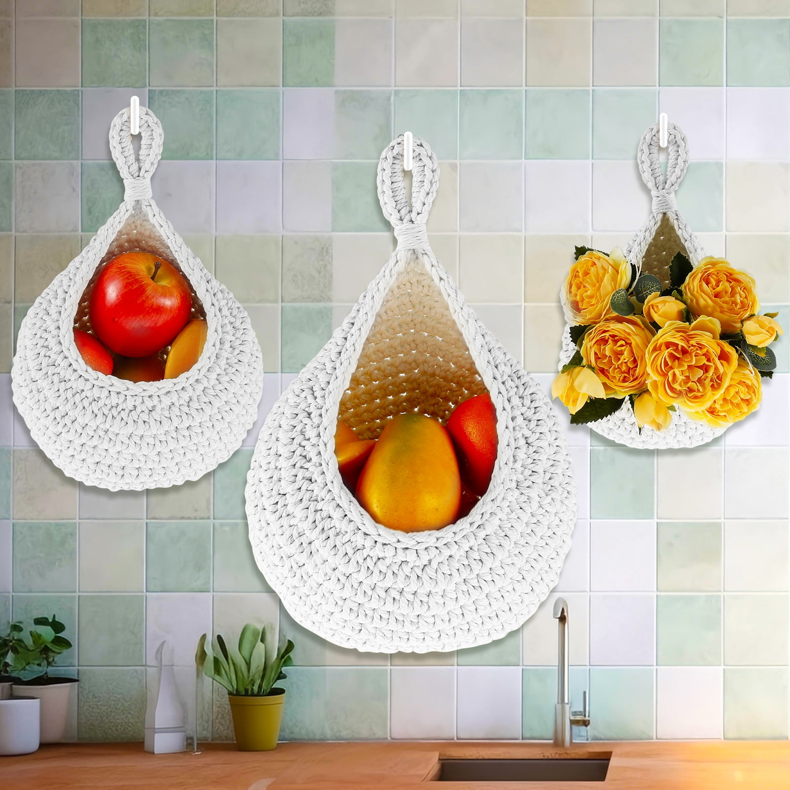 Tzgsonp 3Pcs 3 Sizes Woven Cotton Rope Hanging Baskets Space Saving
