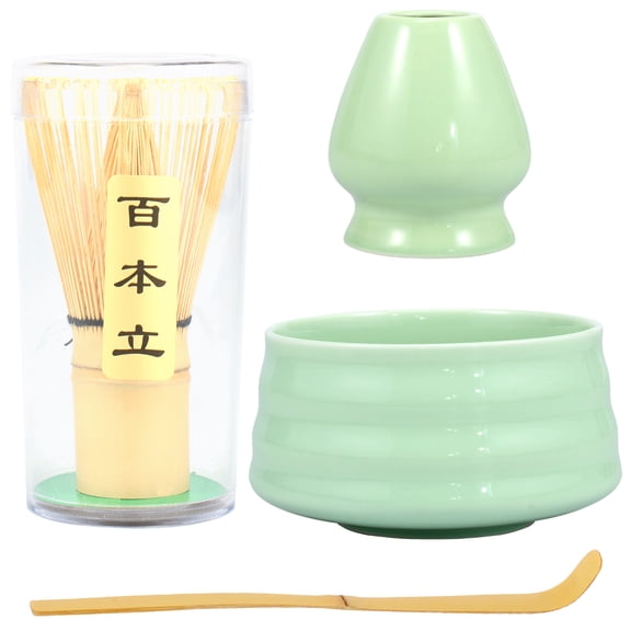 Tzgsonp 4 Pack Matcha Tea Set Matcha Traditional Starter Set with Ceramic Matcha Bowl Bamboo Matcha Whisk Ceramic Matcha Whisk Holder, Green
