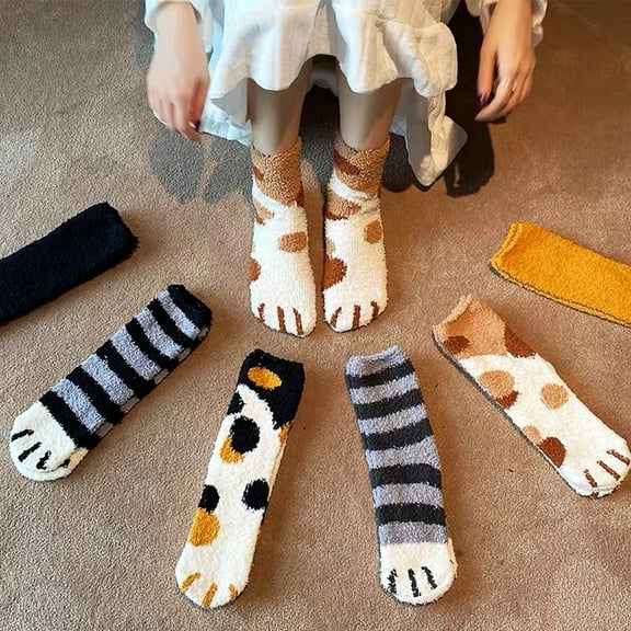 Tzgsonp 6 Pairs/Lot Winter Warm Cat Paw Socks Women Girl Cartoon Sleeping Home Floor Sock Thick Fuzzy Fluffy Cute Animal Paw Socks Funny