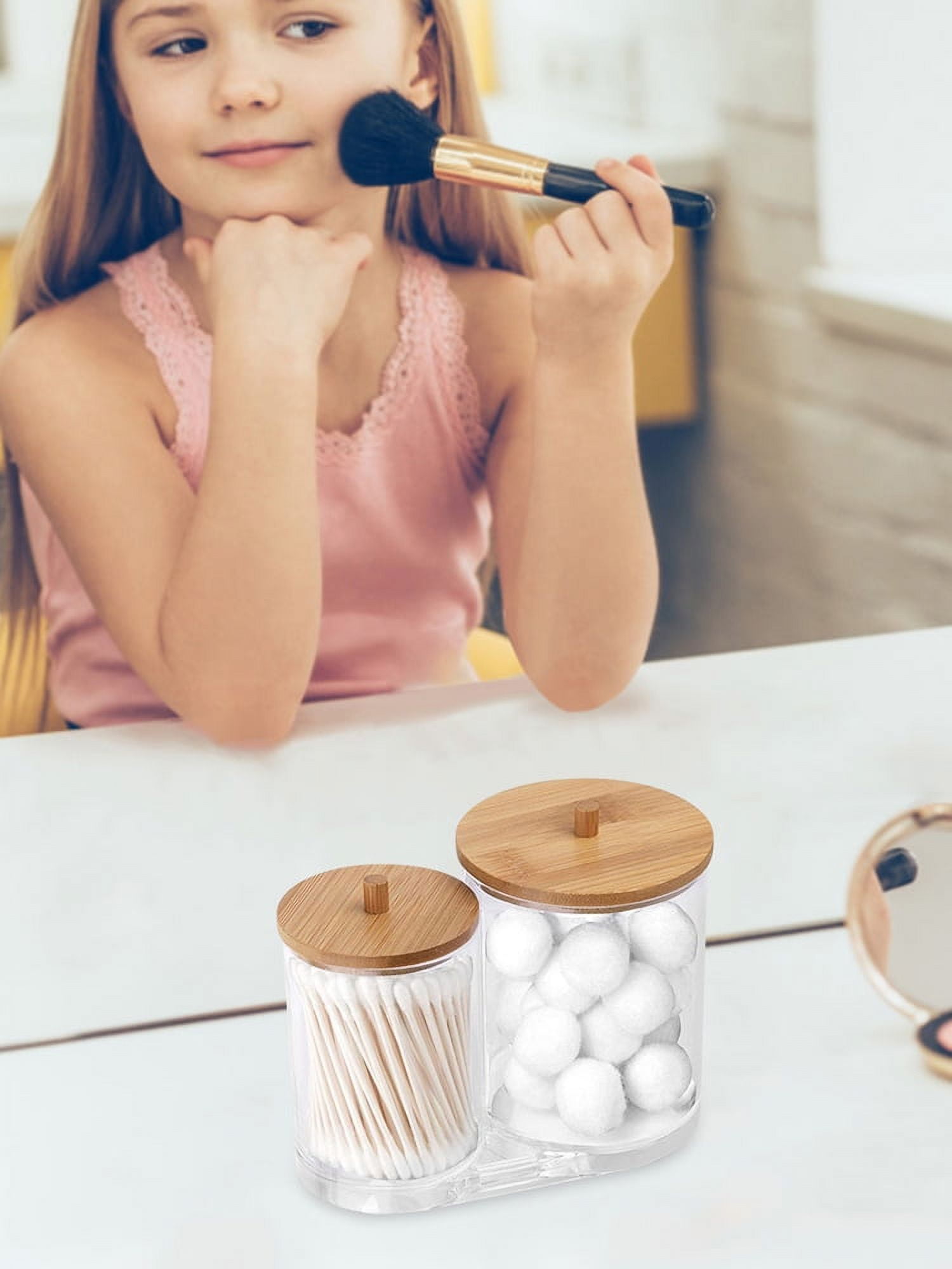 JIEQIJIAJU Glass Q-tip Holder With Lid - Decorative Apothecary Jar For Bathroom Vanity, Cotton Balls, Swabs & Candy (3.3"D X 4.9"H)
