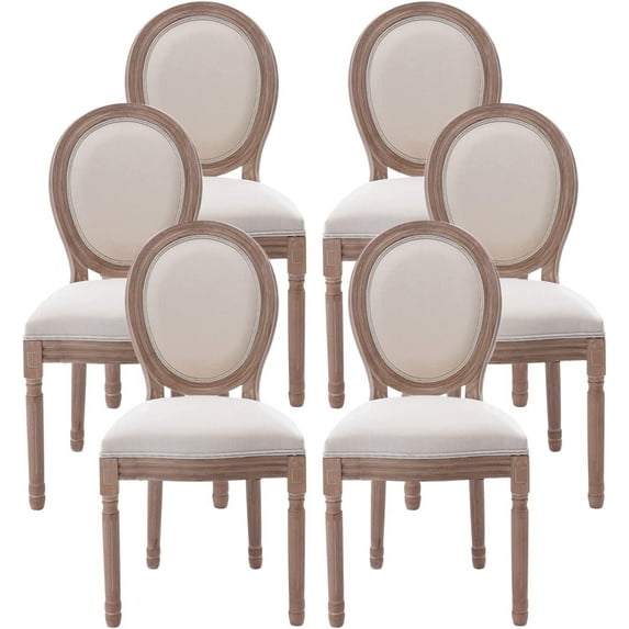 Tzicr French Dining Chairs Set of 6,Mid Century Upholstered Dining Chairs with Round Backrest Solid Wood Frame, Farmhouse Dining Chairs for Dining Room, Bedroom, Kitchen.(Beige)