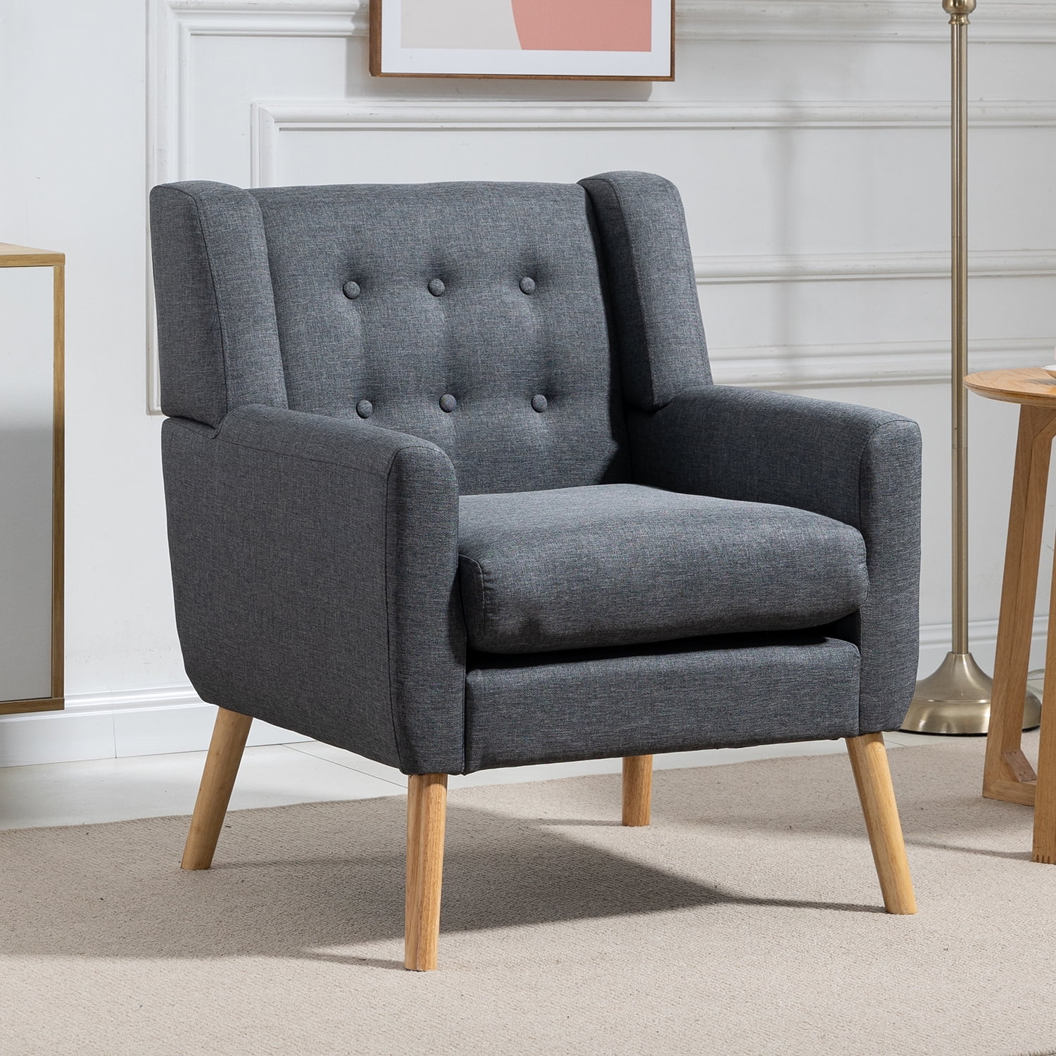 Tzicr Grey Modern Accent Chair, Button Tufted Upholstered Reading Chair