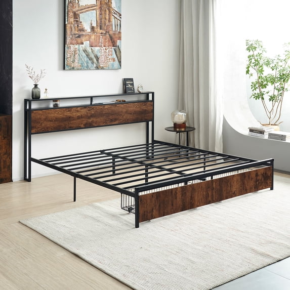 Tzicr King Size Bed Frame with Storage,Metal Platform Bed Frame with 2 Tier Storage Headboard and Electrical Outlet,USB Port Charging Station,Easy to Assemble,No Springs Required (Brown)